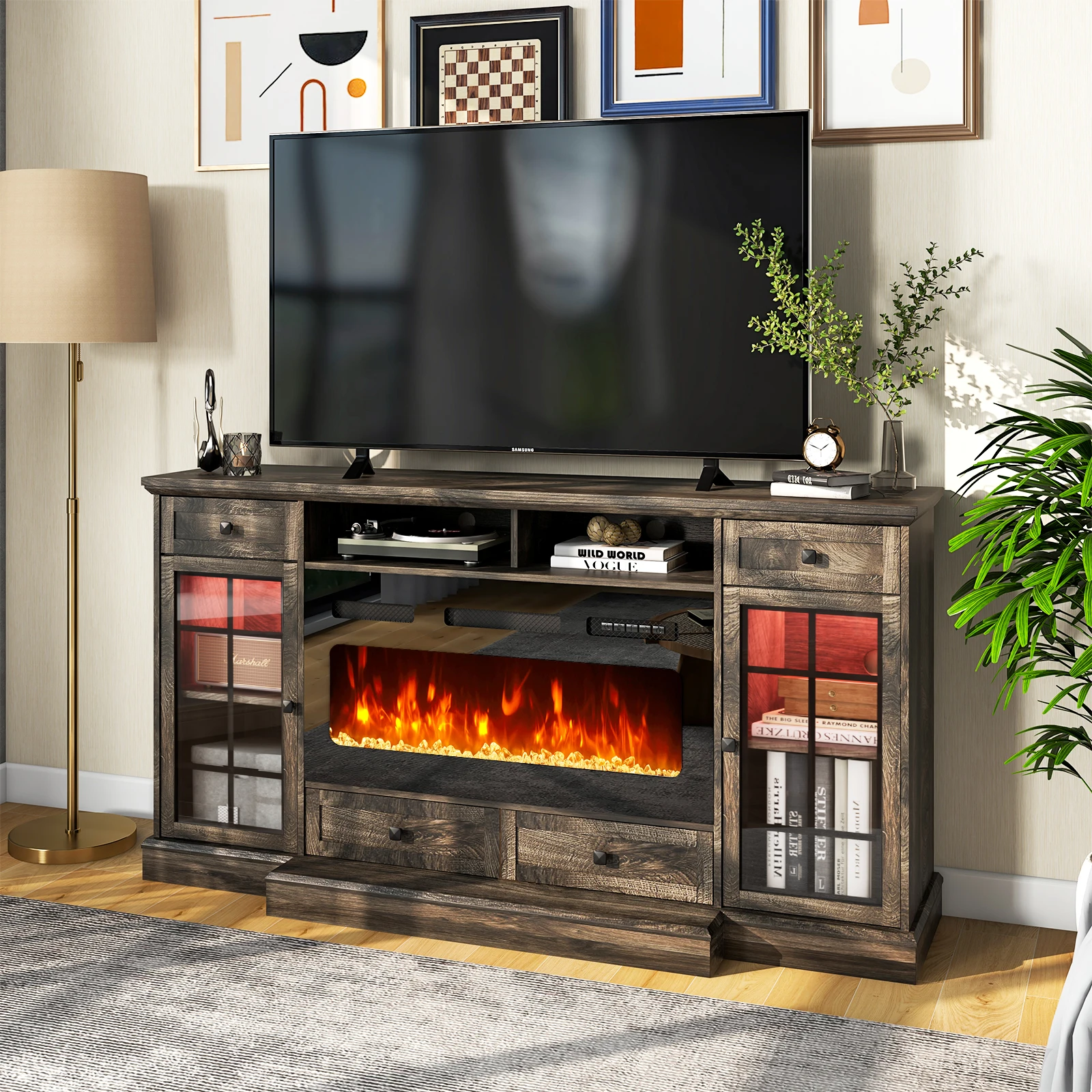 68” Fireplace TV Stand, TV Cabinet for TVs up to 78 Inch, Entertainment Center with 36