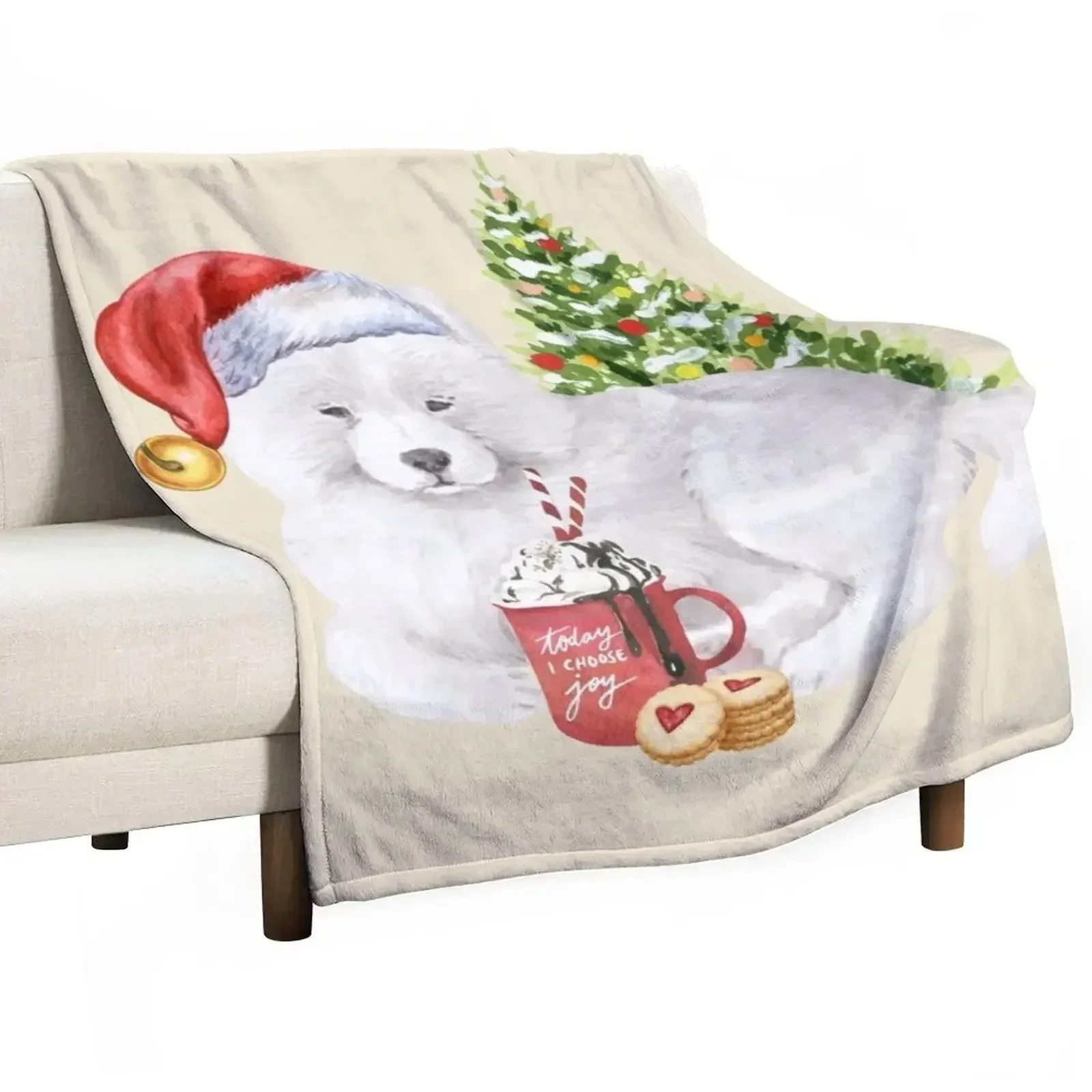 Samoyed Christmas : Samoyed With Christmas Tree And Hot Chocolate Throw Blanket Plush Weighted Quilt christmas gifts Blankets