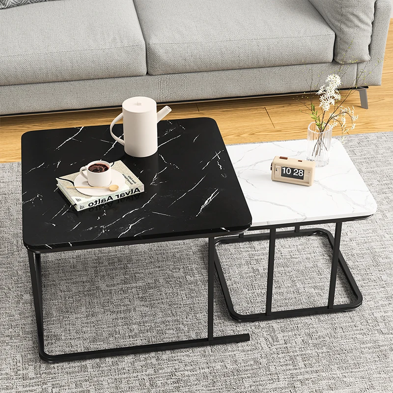 Square Coffee Table, Set of 2 Modern Coffee Table with Faux Marble Top, Black Metal Frame Black&White Nesting Table for Living R