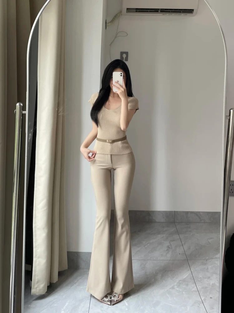 

Korean Sle V-Ne Khaki Color Slim Fit Summer Thin oulder Small Flng Sve T-irt Versatile Top Commute Sle Pure Color