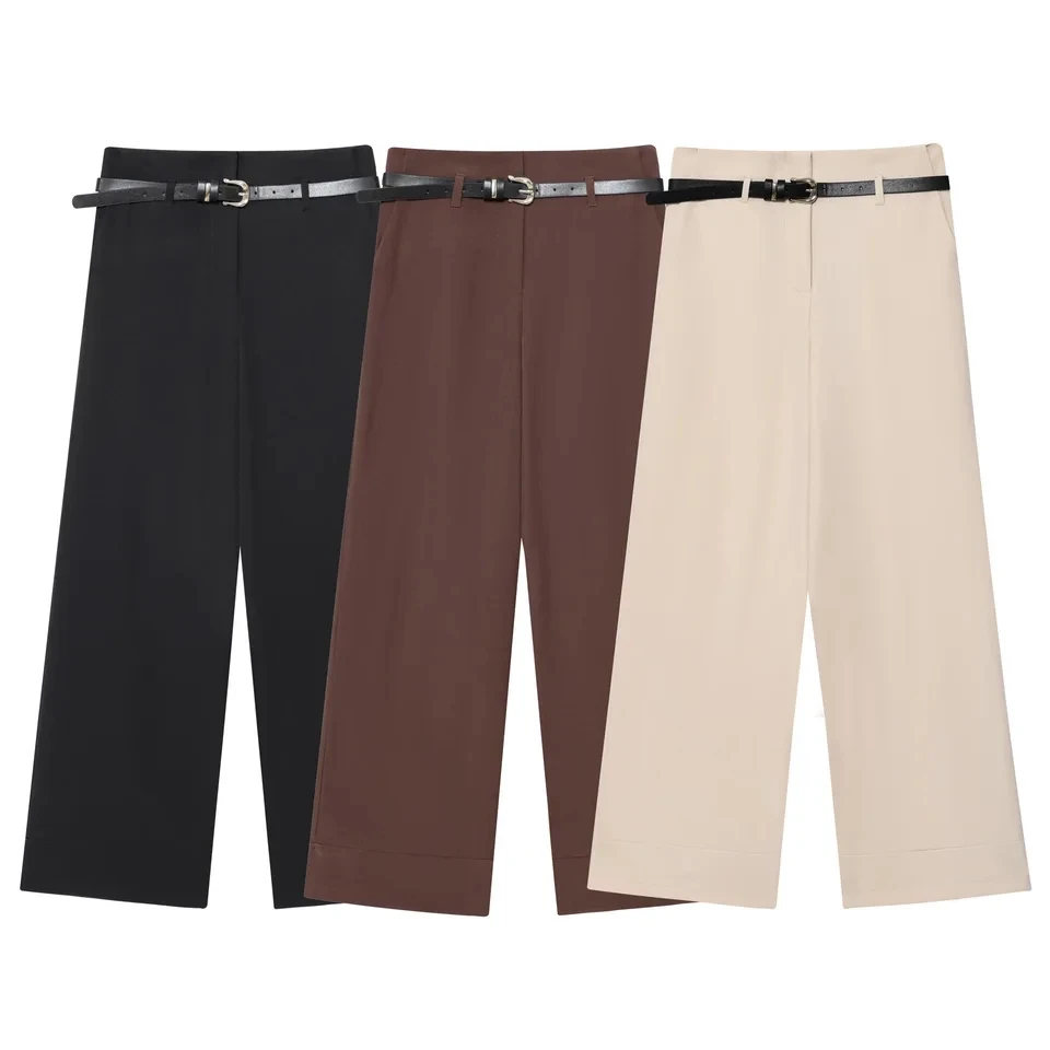 2025 New Black Coffee Apricot Wide Leg Cuff Hem With Belt Casual Long Pants Women Fashion Versatile Style