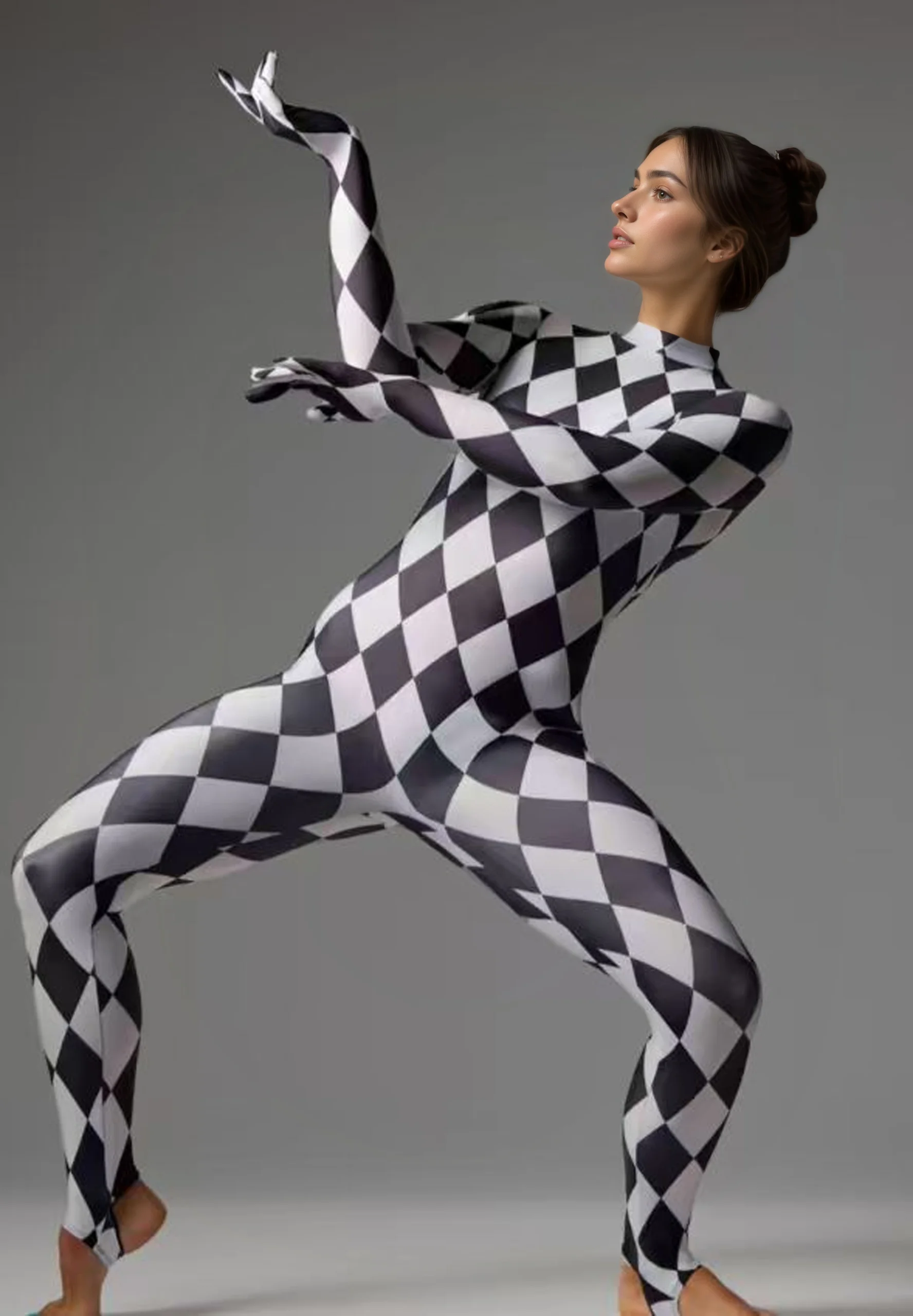 IOOTIANY Diamantgitter-Clown-Zentai-Jumpsuit, Spatenmuster-Gestreifter Zirkus-Bodysuit, Unregelmäßiges Bühnenkostüm für Halloween-Party-Aufführungen – Detail 9