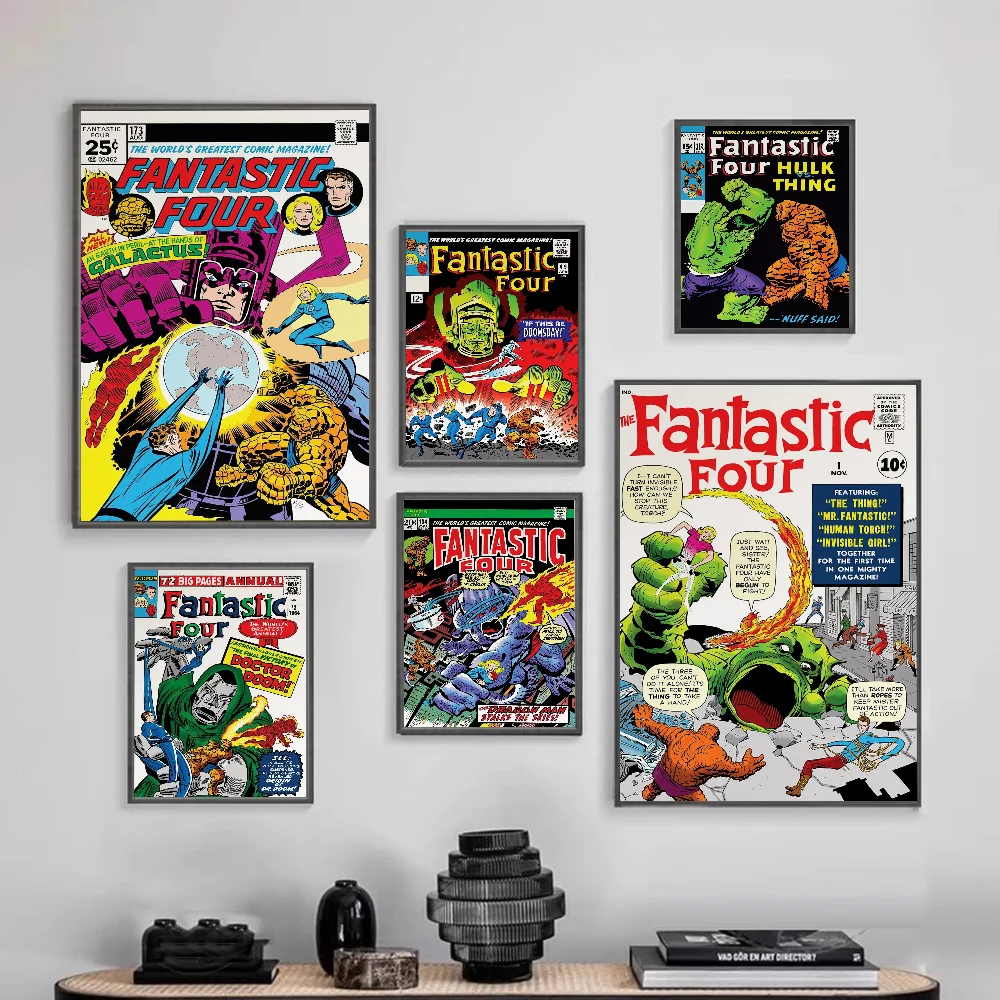 Póster de cómics Retro de superhéroe FANTASTIC FOUR, pegatina adhesiva para pared, decoración de pared para sala de estar, Bar y cafetería