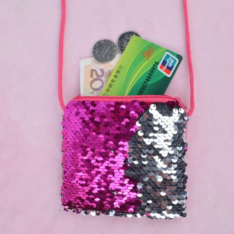 Square sequin coin purse lanyard bag Crossbody bag Children\'s coin purse makeup bag Hot sequin small bag