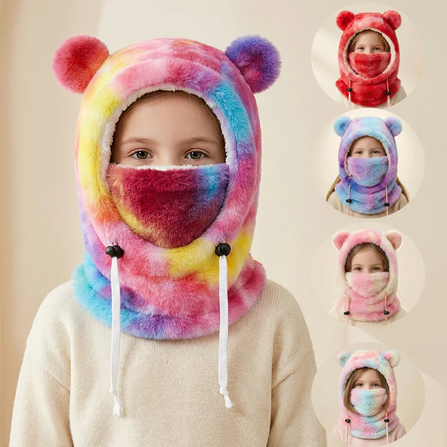 3-10Y hats for boys and girls, autumn and winter warm, cute ear design, cold-resistant, colorful hats with integrated scarf, fac