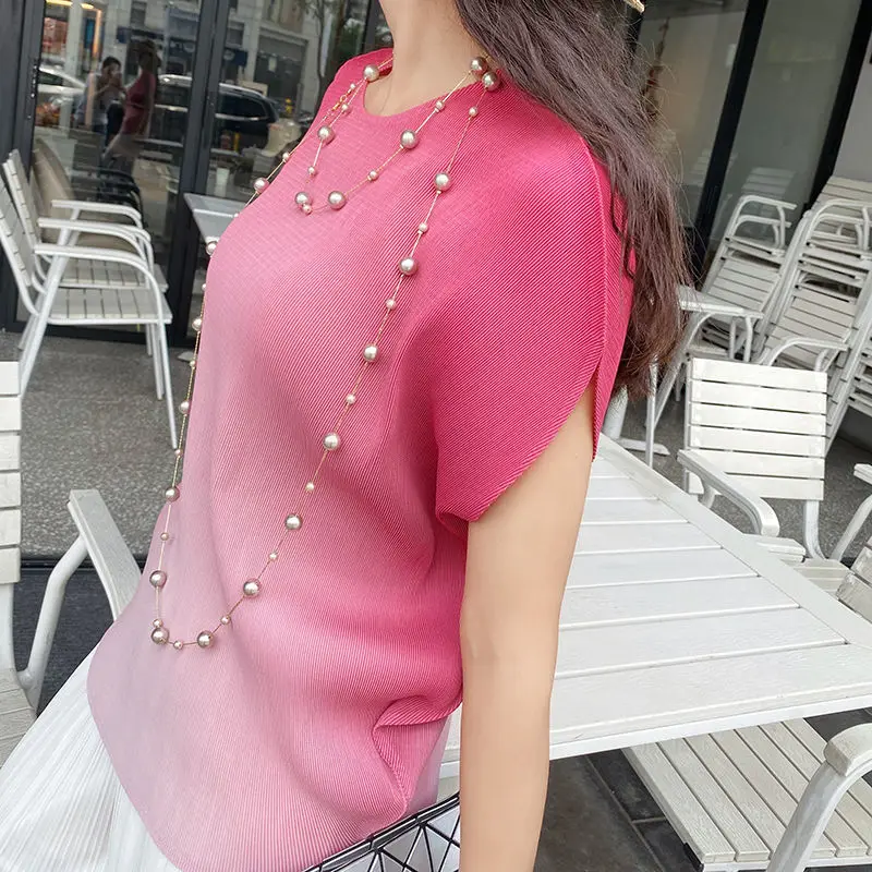 

Fashion pleated PP new gradient gown female short sleeve 2023 summer print round neck T-shirt loose large size small shirt