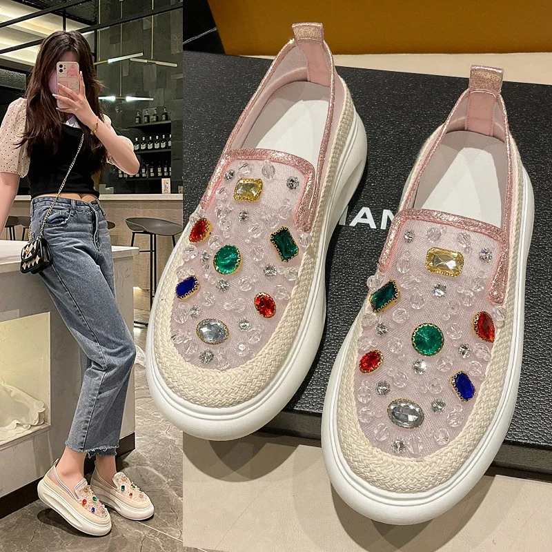 2024 Summer New Mesh Le Fu Shoes Thick Bottom Crystal Beaded Flat Shoes Luxury Designer Single Shoes zapatillas deportivas mujer