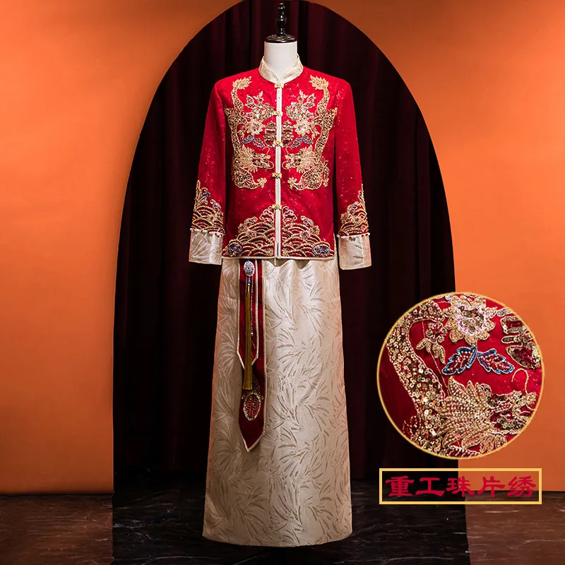 Vintage Groom Tang Suit Embroidered Dragon Male Robe Oriental Bridegroom Gown Traditional Chinese Wedding Costume Sets