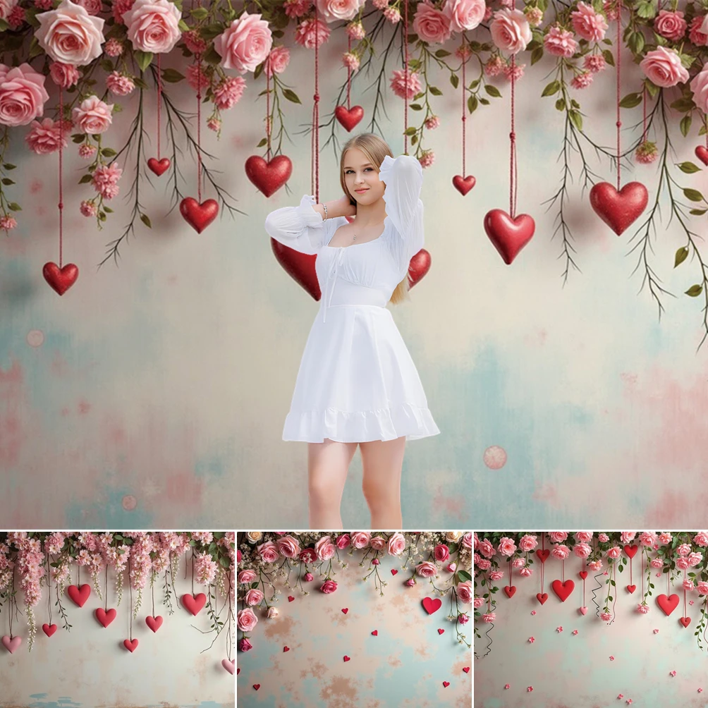 

MOON.QG Valentine's Day Decor Photography Background Hanging Heart Flower Backdrop Photo Studio Lover Shooting Props Portrait