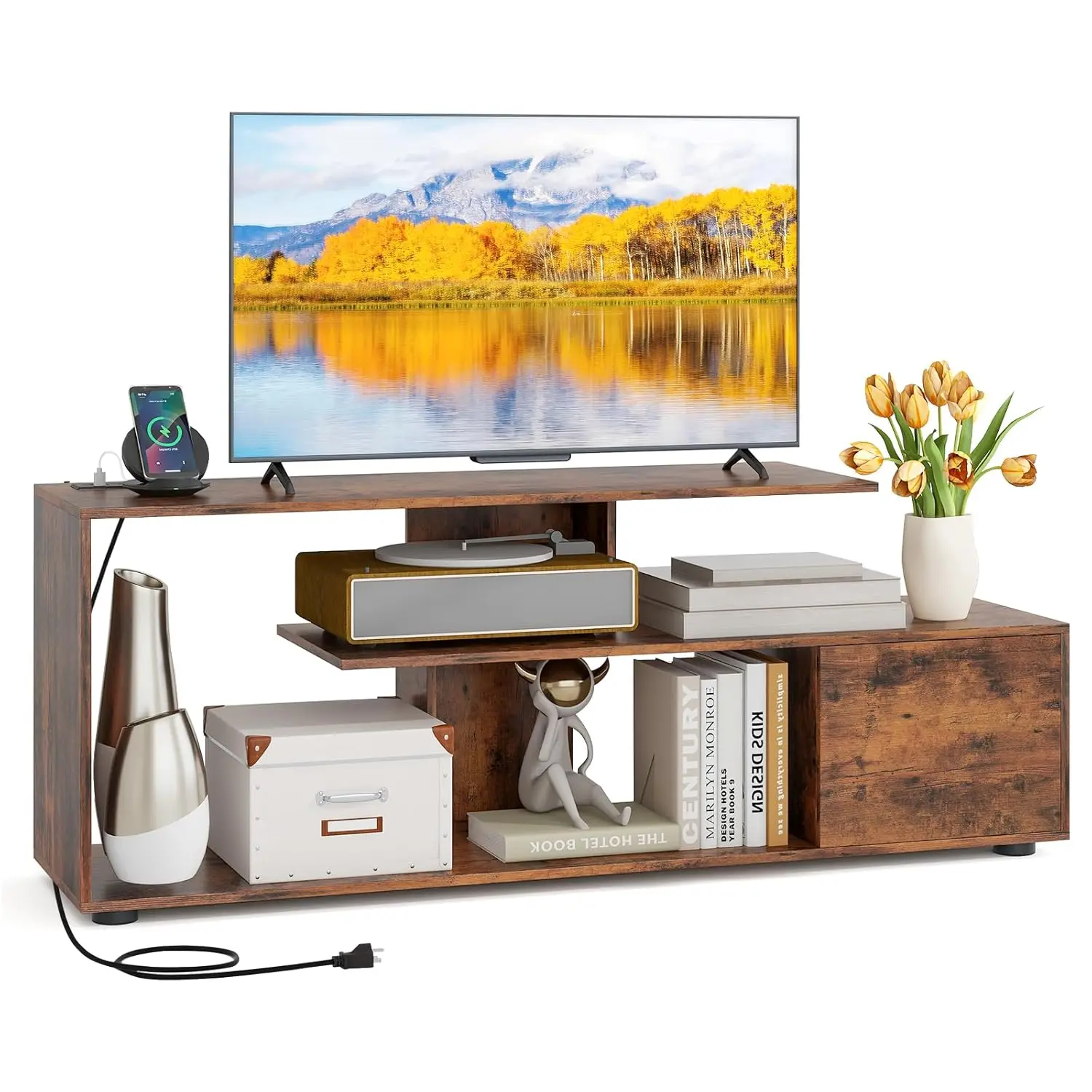 

TV Stand Power Outlet 55 Inch Storage Cabinet Open Shelves Media Console Living Room Bedroom Rustic Brown, Customized