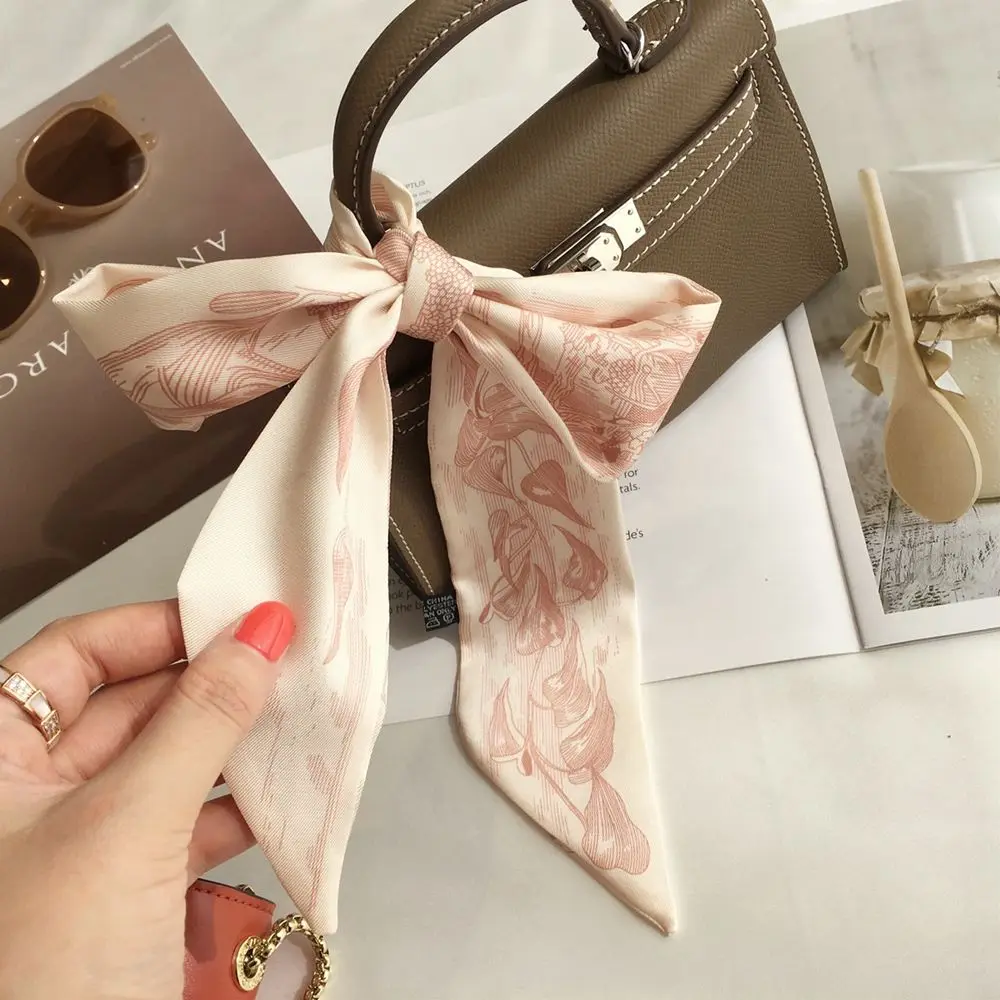 Satin Silk Scarf Female Headwear Printing Hair Scarf Bow Flowers 26 Letters Neckerchief Korean Headband Silk Scarf Headband