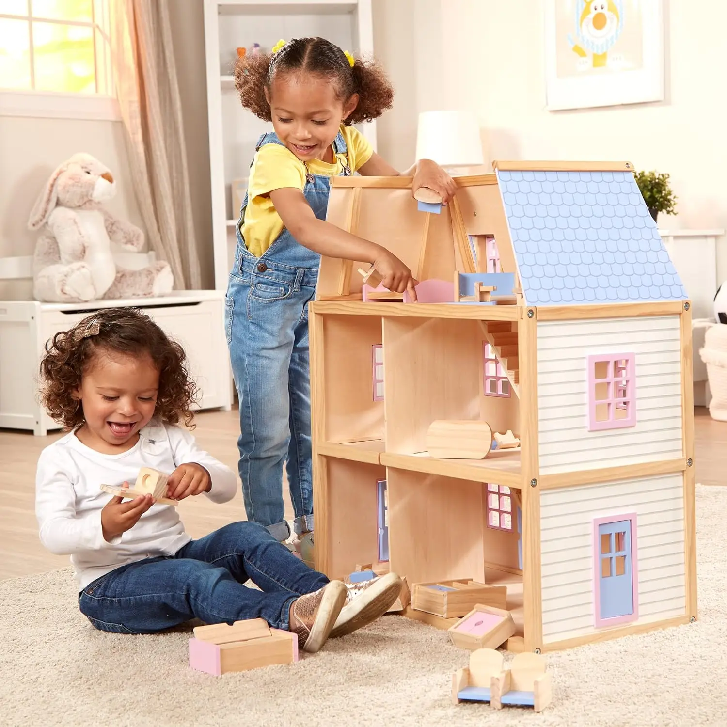 Wooden Multi-Level Dollhouse SIOC - Wooden Multi-Story Pretend Play Dollhouse For Kids