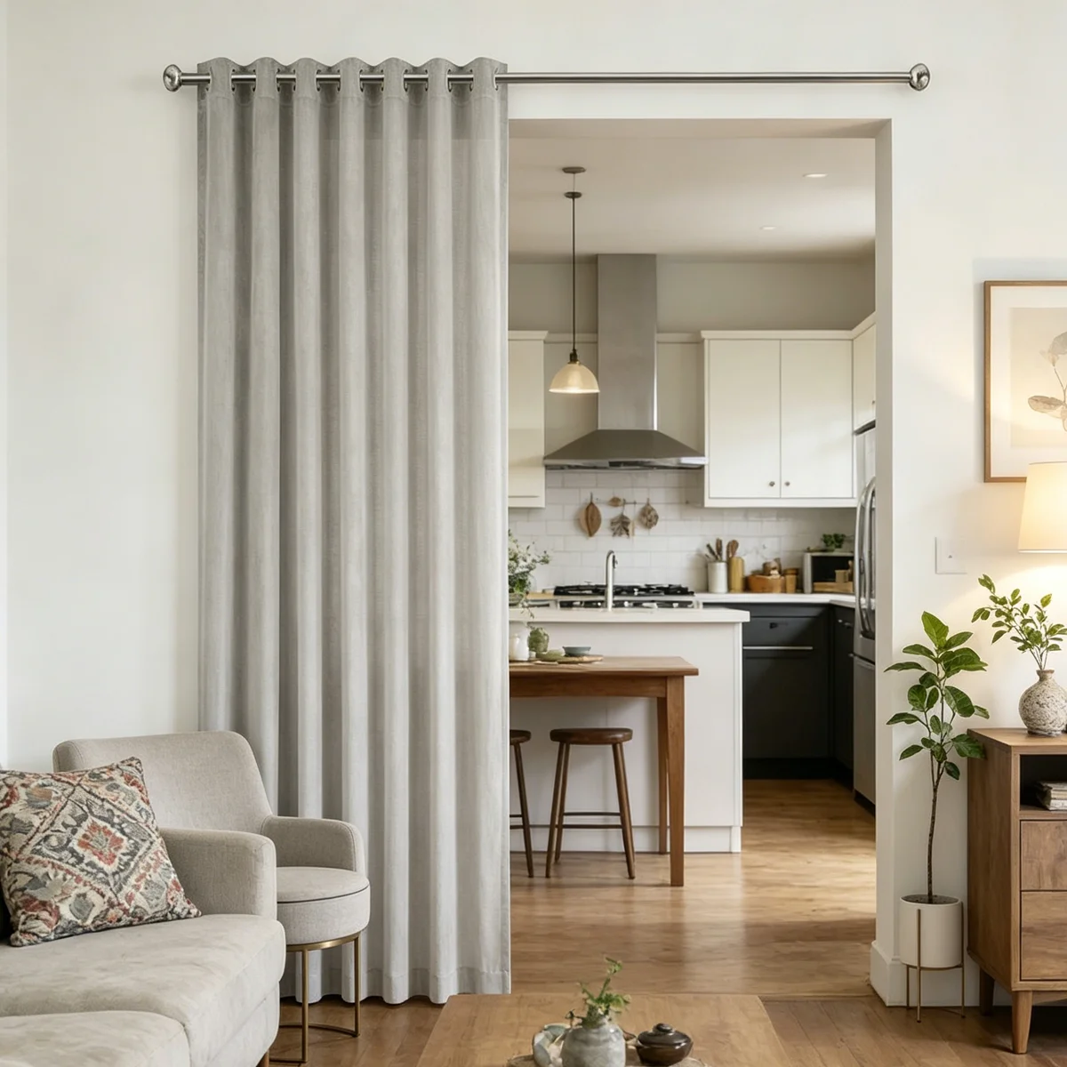 

1Pc Light Grey Blackout Velvet Curtain, Boho Wood Style, Tension Rod Room Divider for Open Floor & Rental Home