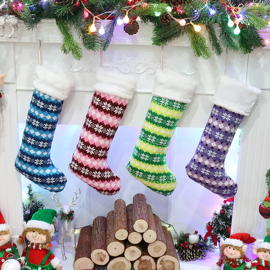 

4 PCS 20 Inch Knitted Christmas Stockings Xmas Holiday Party Season Decor Warm Gifts for Toddler Kids Family Extra Long Striped