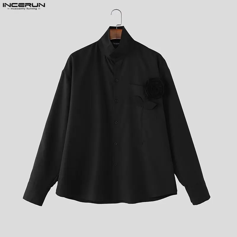 

INCERUN Мужская рубашка с цветочным принтом в стиле пэчворк, воротник-стойка, мужская одежда с длинными рукавами, уличная одежда 2026, свободные винтажные повседневные топы, мужские рубашки