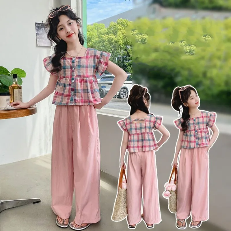Summer Baby Girls Cotton Crop Plaid Ruffled Sleeves Shirt Top+Plain Pant Set Kids 2PCS Tracksuit Children Vacation Outfit
