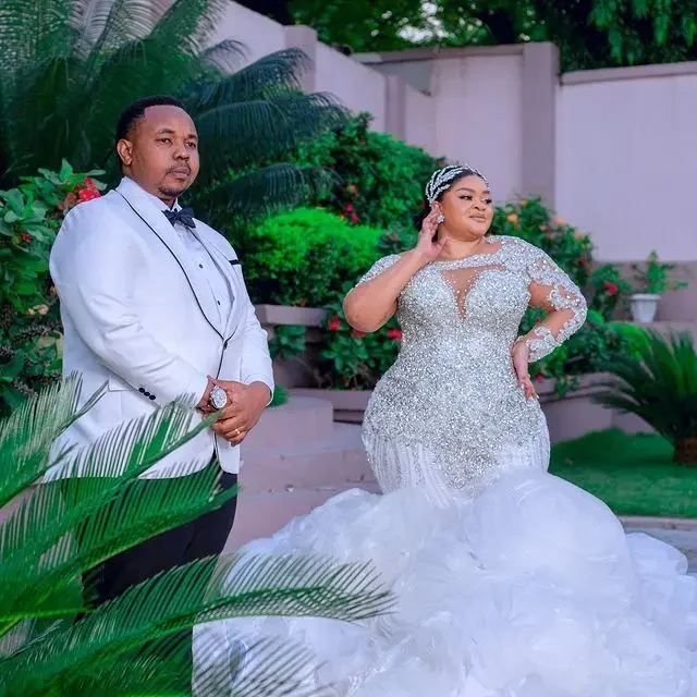 Customized  Arabic Aso Ebi Plus Size Ivory Mermaid Wedding Dresses Luxurious Lace Rhinestones Tiers Detachable Train Bridal Gown