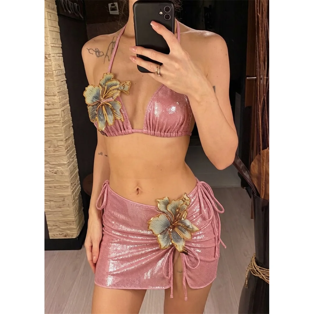 3D-Blumen mit Rock, Neckholder-Bikini, Damen-Badebekleidung, dreiteiliges Bikini-Set, gepolsterter Badeanzug, Badeanzug, Schwimmbekleidung V8368 – Detail 5
