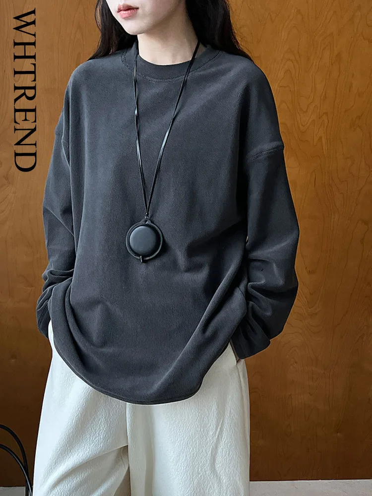 

WHTREND Korean Style Soft Fleece Long Sleeve Base Shirt For Women Winter New Brushed Versatile Crew Neck Sweatshirt WH2188