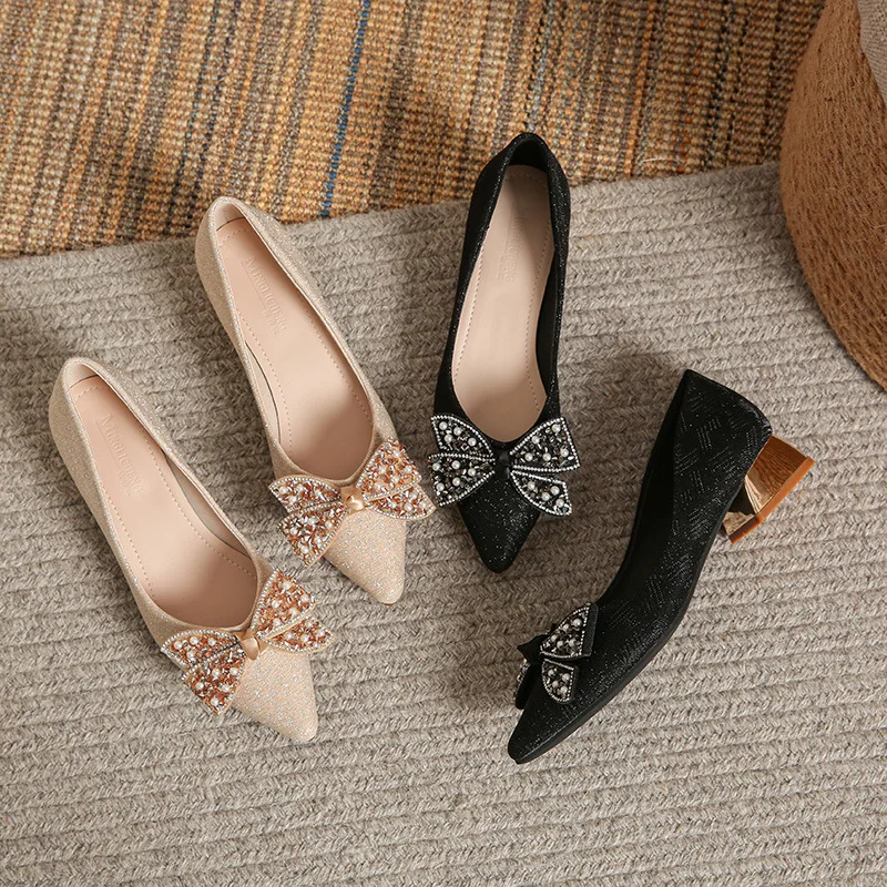

Single Shoes Women's Spring and Autumn New Thick Heel Bow Rhinestone Shallow Mouth Large Size Women's Single Shoes
