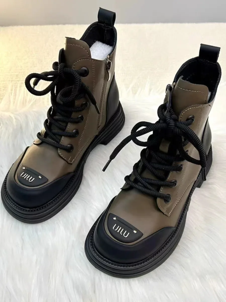 High Top Ankle Boots for Spring 2024, New Women's Shoes, Round Toe Lace Up Short Boots, Women's Platform Designer Knight Boots