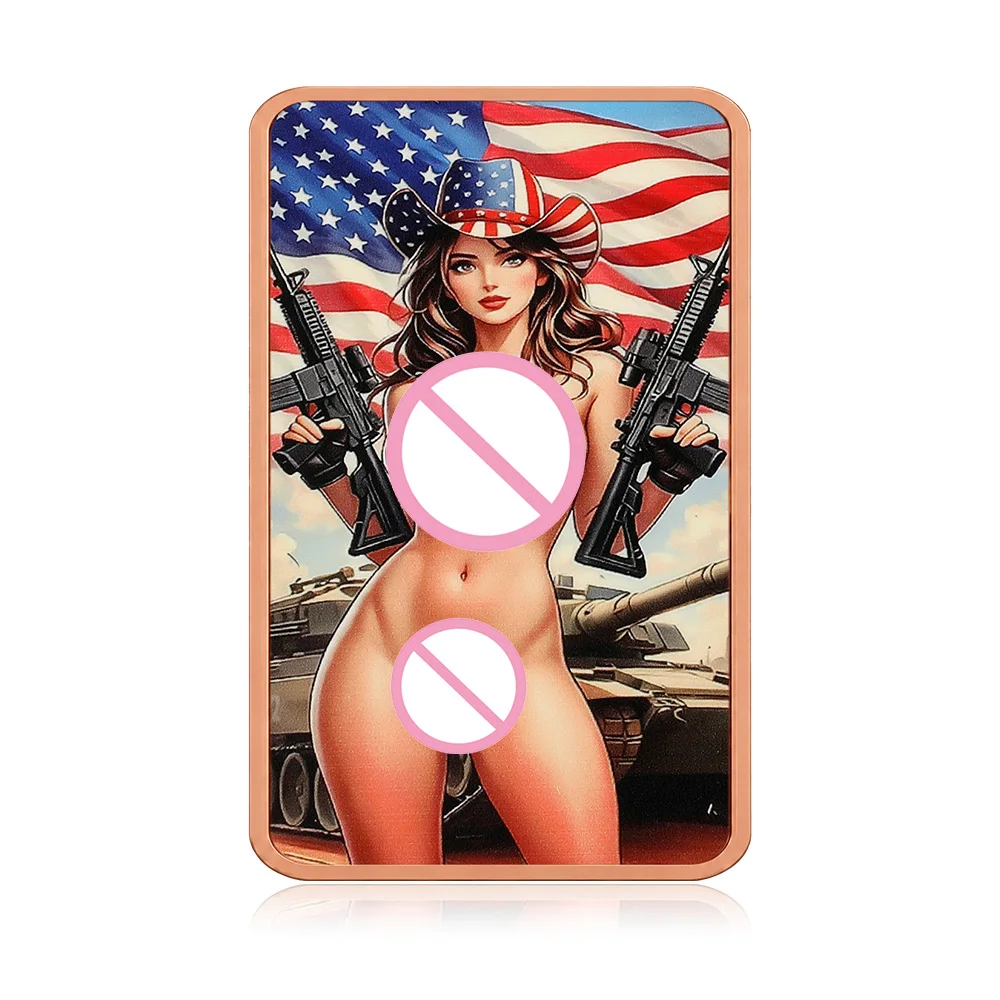 5oz .999 Fine Copper Bar USA Patriotic Cowgirl Flag Bikini Guns Tank Rifle Military Colorized Rectangle Art Collectible Gift