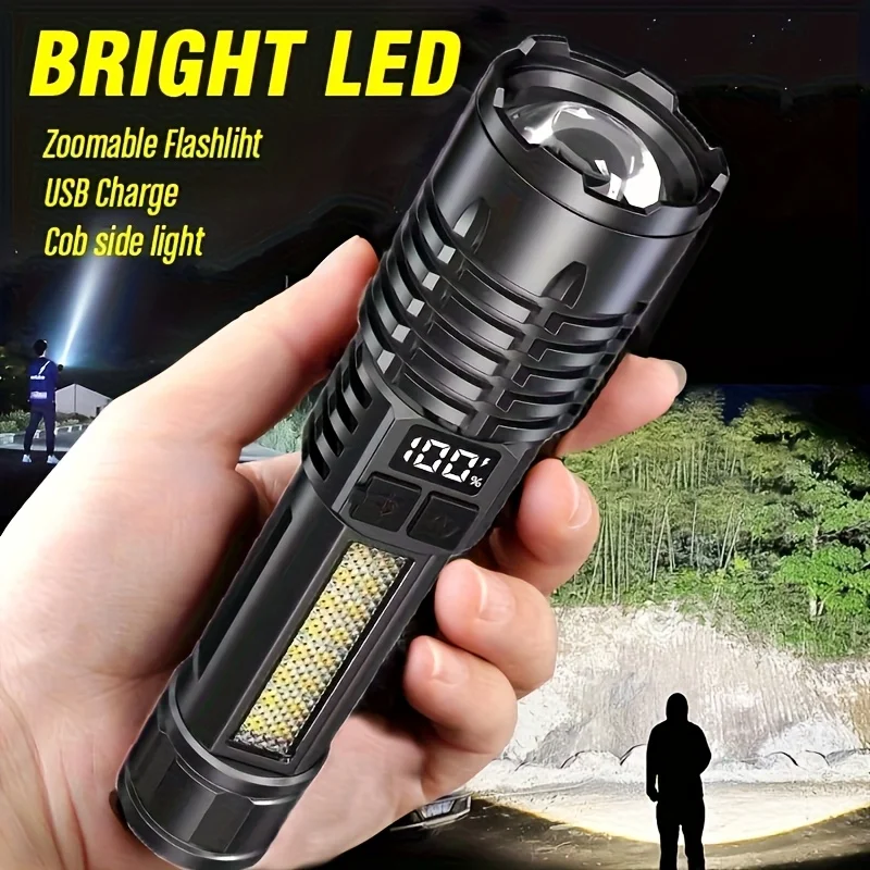 High Power LED Flashlight Powerful TYPE-C Rechargeable COB Flashlight With Side Light Torch For Outdoor Camping Hiking