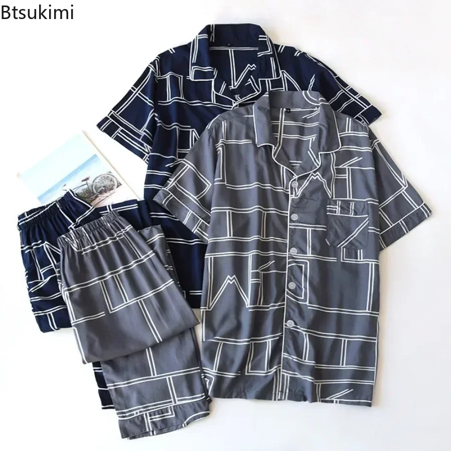 2025 Men's Spring Summer Casual Cotton Pajamas Sets Short Sleeve Shirts and Long Pants 2PCS Soft Home Clothes Men Sleepwear Sets