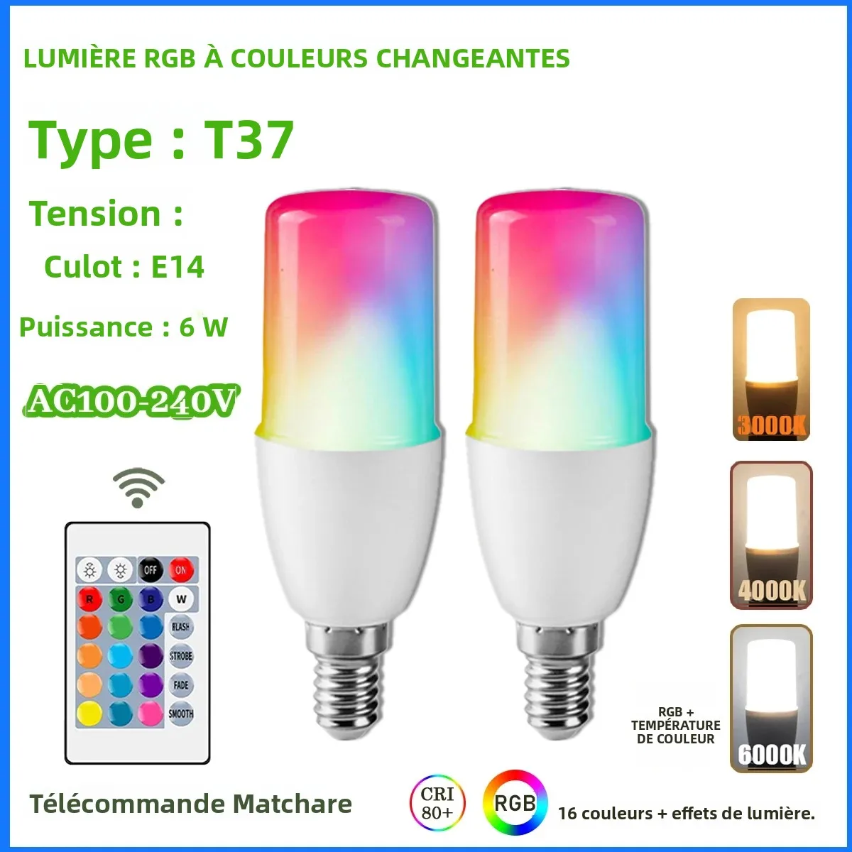 Ampoule LED RGB T37 6W E14, télécommande 24 touches, 16 couleurs, intensité variable, AC100-240V, lumière à couleur changeante pour chambre à coucher et salon, 1 à 10 pièces