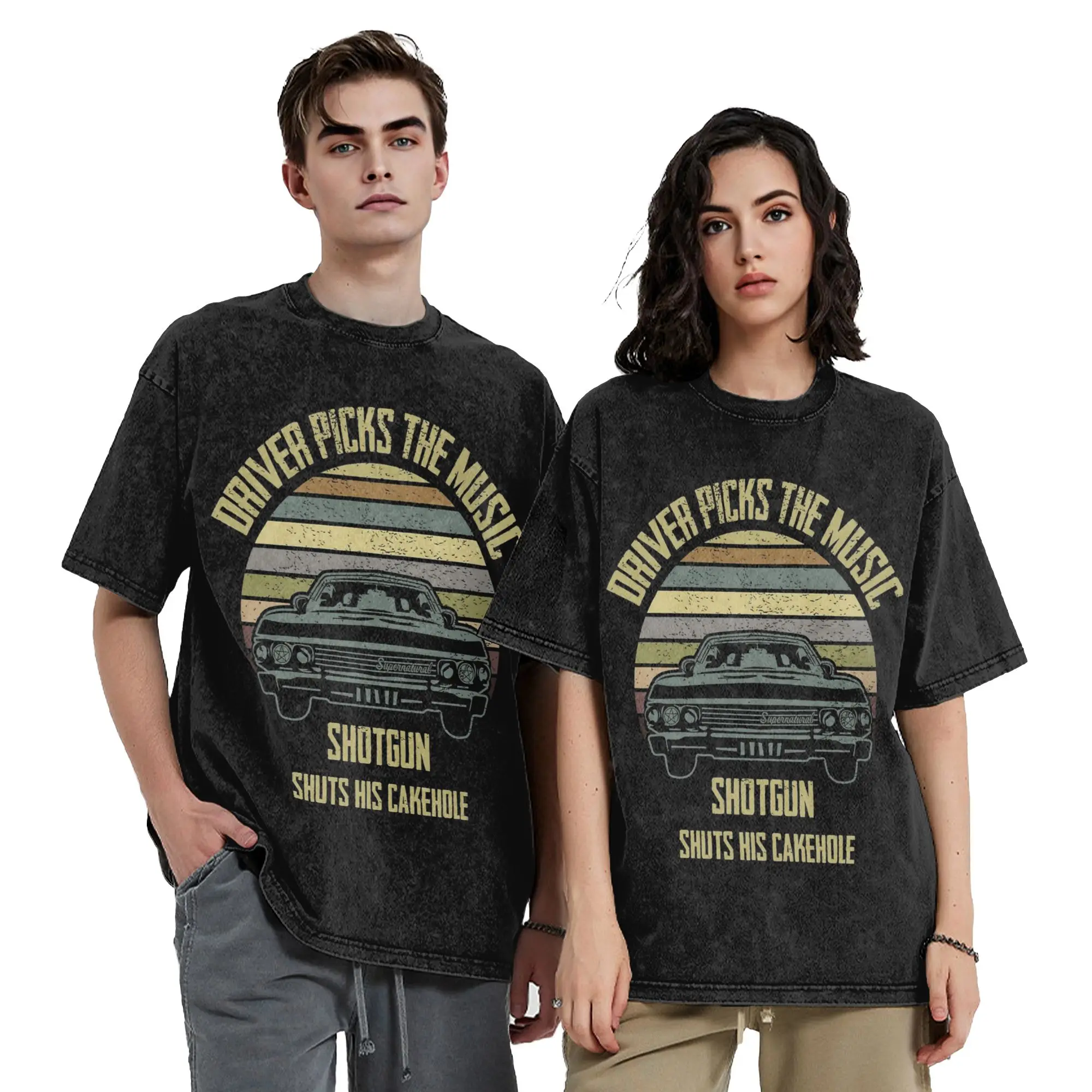 Driver picks the music Supernatural T Shirts Hip Hop Washed Harajuku T-Shirt Fashion Men Women Tops Streetwear Printed Tee Shirt