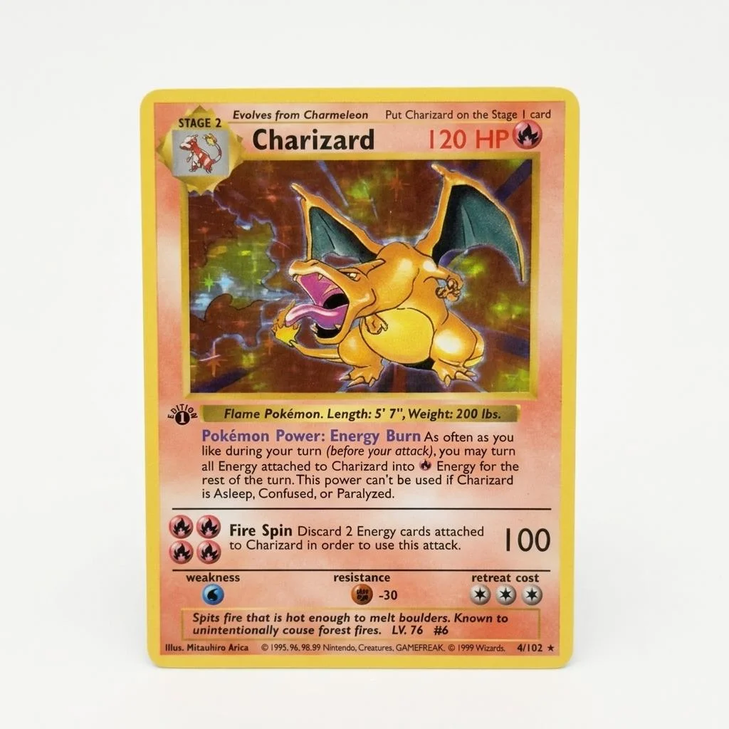 1999 Charizard 4/102 1. Edition Basis-Set Seltene Nicht-Holo Vintage Mitsuhiro Arita WOTC Feuertyp Display Sammlerstück Geschenk