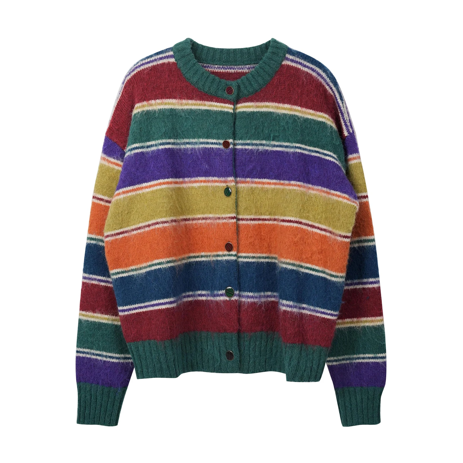 

Женский ретро Радужный контрастный цветной полосатый кардиган с длинными рукавами и круглым вырезом на пуговицах, модный уличный мешковатый свитер
