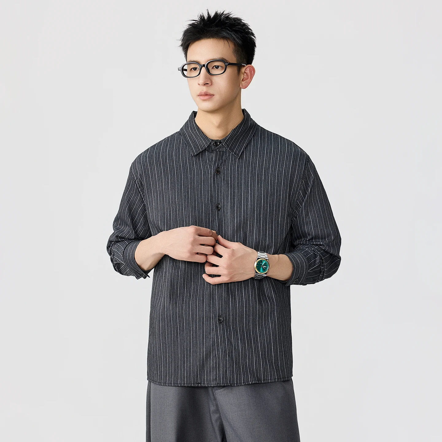 Men Casual Fashion Loose Vintage Long Sleeve Lightweight Breathable Commute Stripe Shirt Male Cityboy Plus Size Shirts Blouses