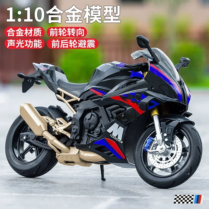 

Модель мотоцикла BMW S1000RR (1:10) из сплава, со звуком и светом, имитация руля, коллекционная литая модель, игрушка, подарок
