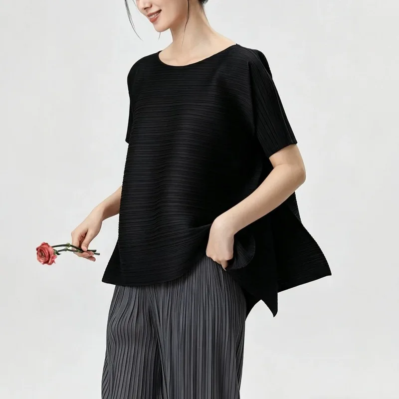 Miyake Pleated 2026 Japanese Style Irregular Short Sleeve T-Shirt Design Sense Niche Summer New Solid Color Loose Versatile Top