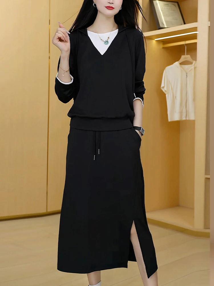 Conjunto de dos piezas de Top y falda coreana para mujer, camiseta larga ajustada de cintura alta, novedad de otoño