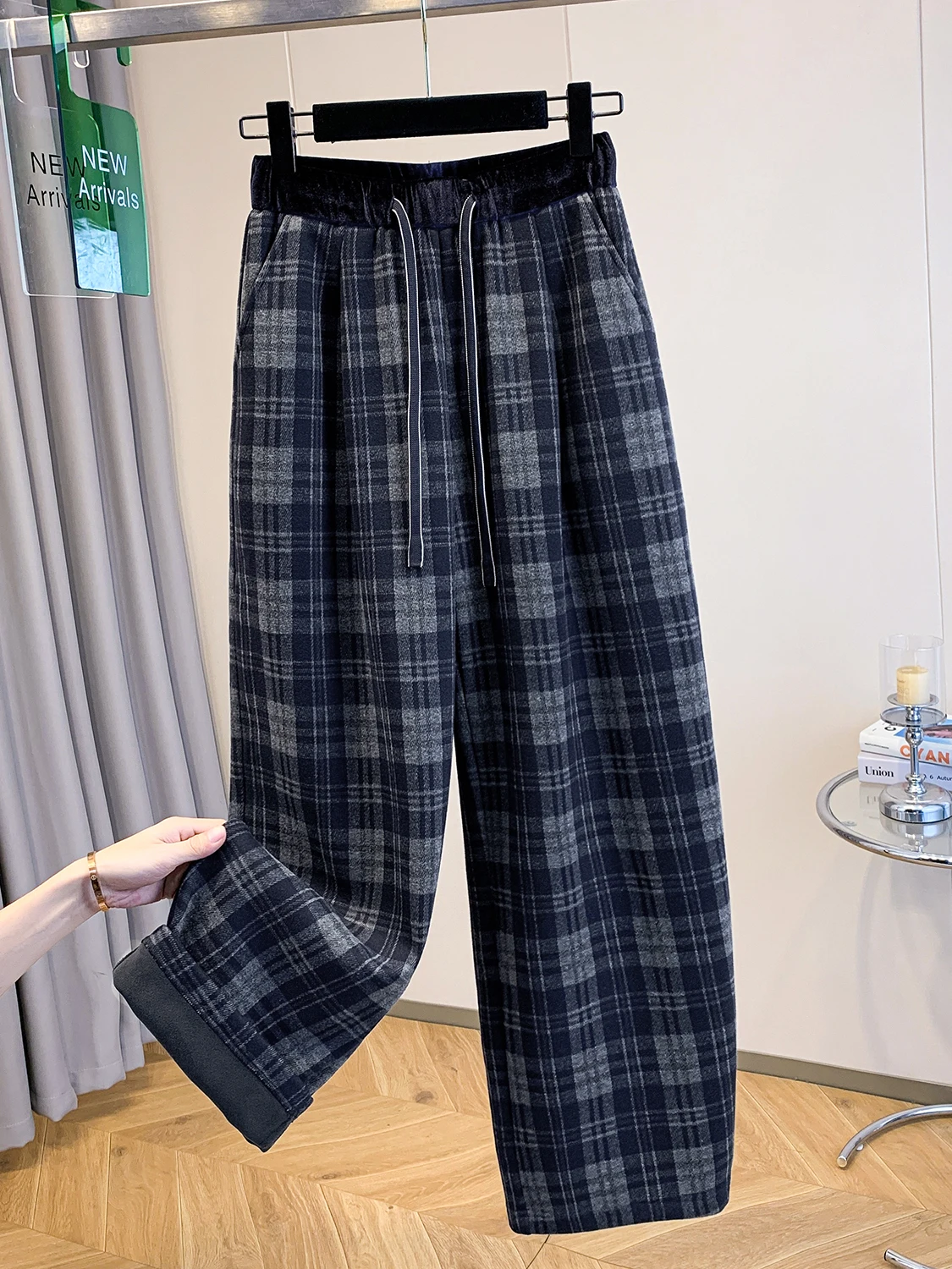 Authentieke herfst veelzijdige losse gebreide wijde pijpen broek dames retro kleur geweven geruite casual hoge taille elastisch