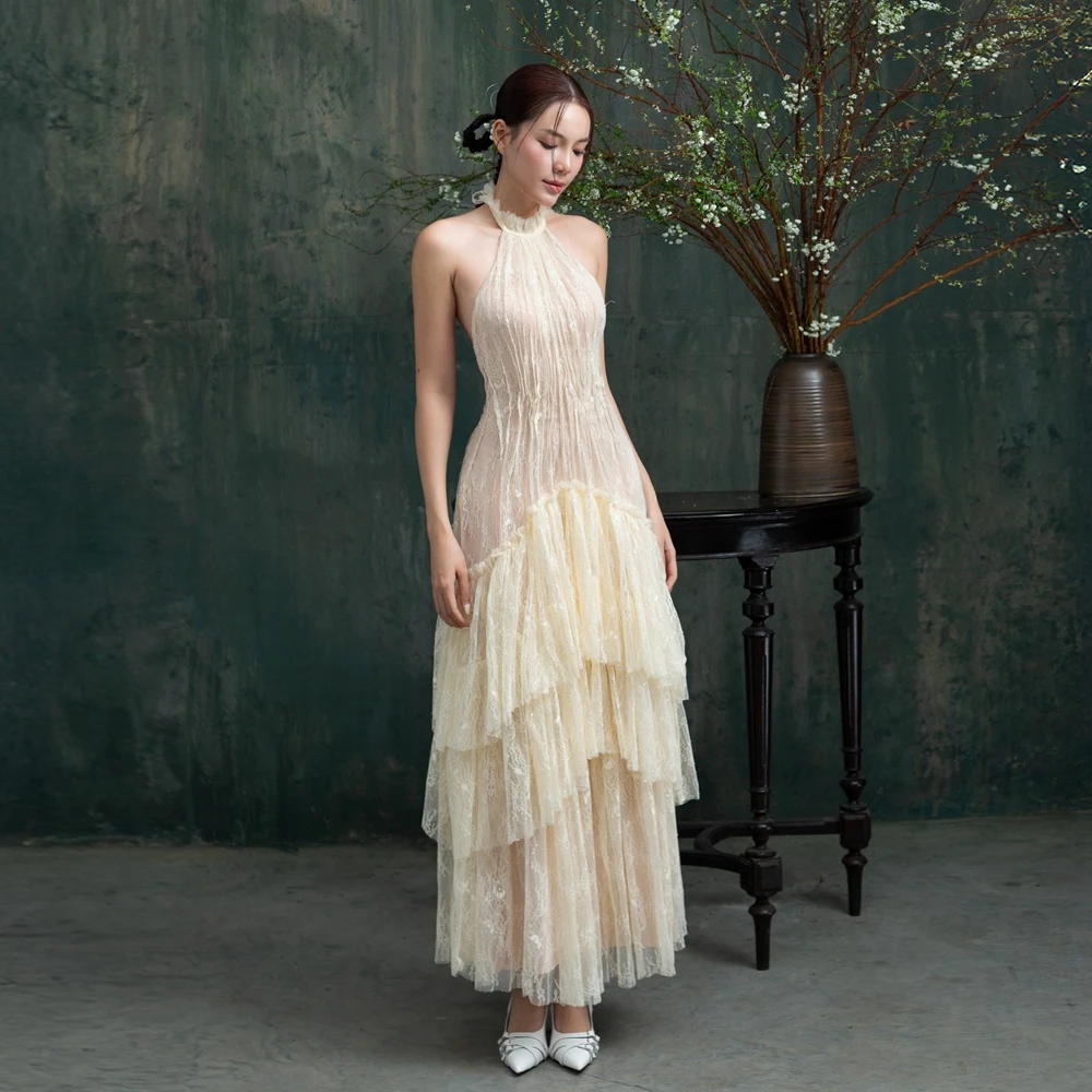 Nouvelle Robe Élégante Femme en Dentelle Champagne à Col Halter, Chic avec Volants en Maille, Robe de Soirée Formelle Longue, Robe de Fête, Robe pour Invitée de Mariage