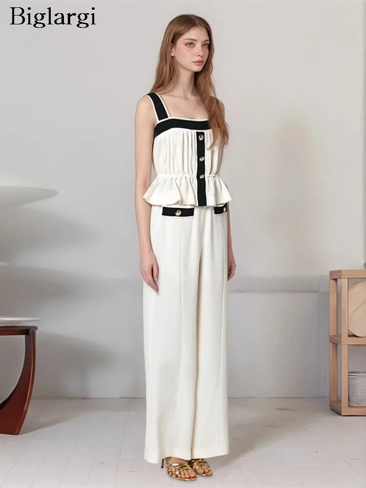 

Summer 2 Two Piece Set WomenRuffle Pleated Fashion Ladies Cropped Sleeveless Slip Tops Elastic Waist Loose Woman Wide Leg Pant