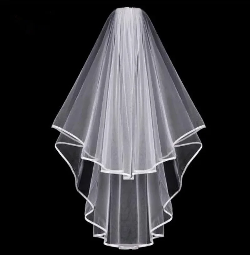 White Ivory Two-Layers  Ribbon Edge Wedding Veils with Comb Tulle Short Bridal Accessories