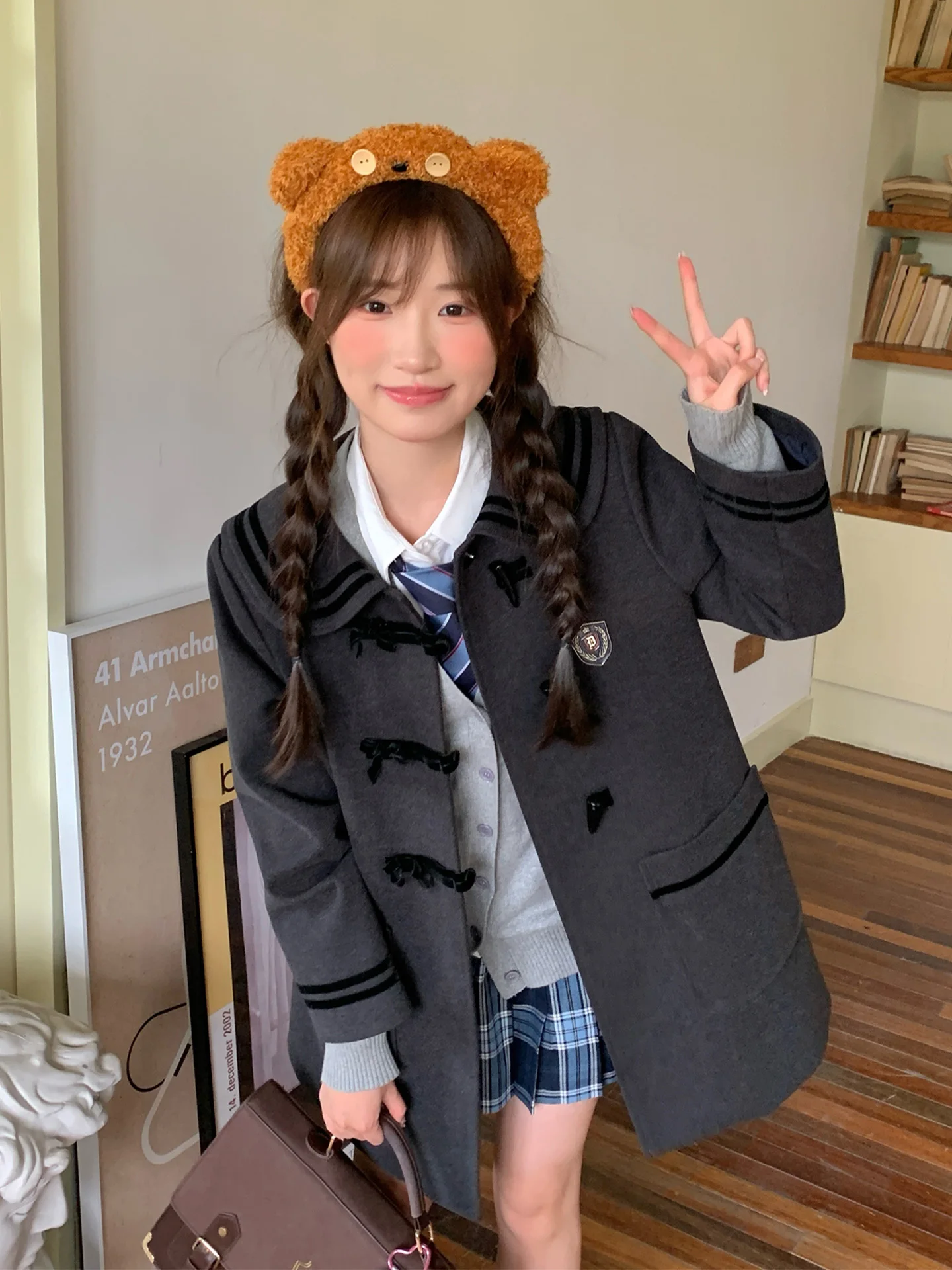 

Warm Woolen Coat Tokyo Annual Record JK Autumn Winter Deep ey Buttoned Coat Women's Medium Length Flip Collar Outerwear