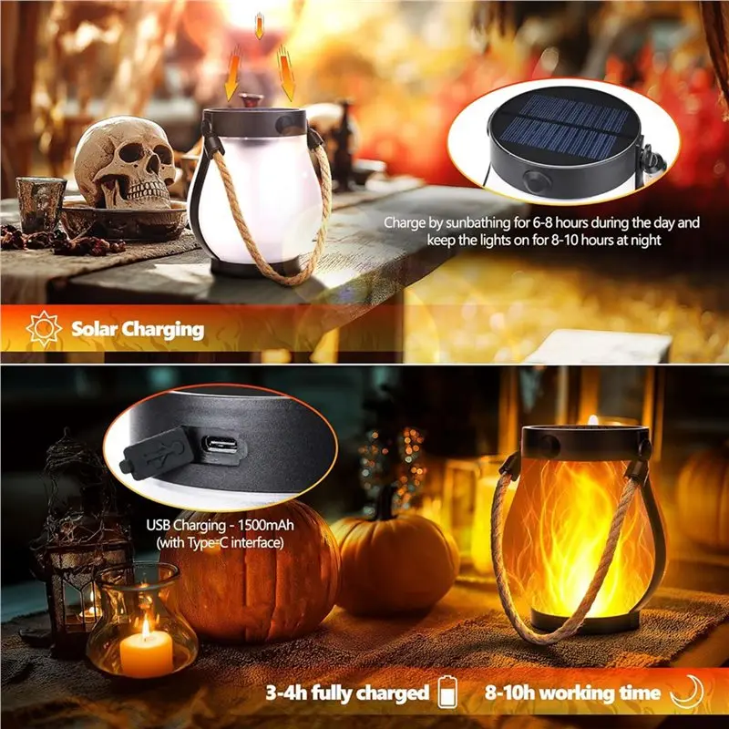 AB11-2X Outdoor Lanterns Flickering Flame Garden Lights With Dual Charging USB & Solar Outdoor Waterproof Hanging Lantern