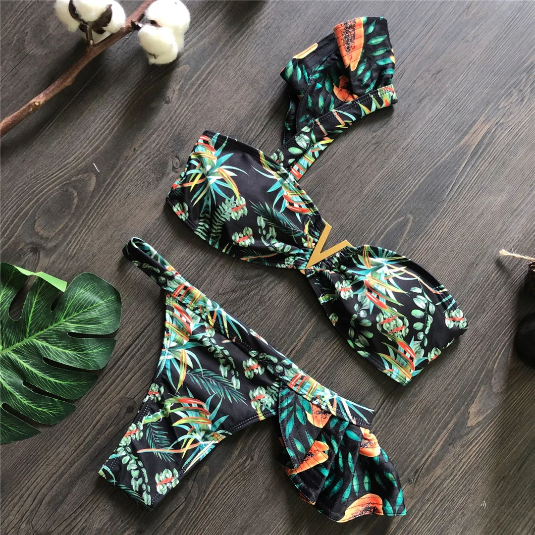 Blumenmuster, einseitiger Bikini, Damen-Badebekleidung, zweiteiliger Bikini-Set, Badeanzug mit Rüschen, Badebekleidung, Badeanzug, Modell V8049. – Detail 11