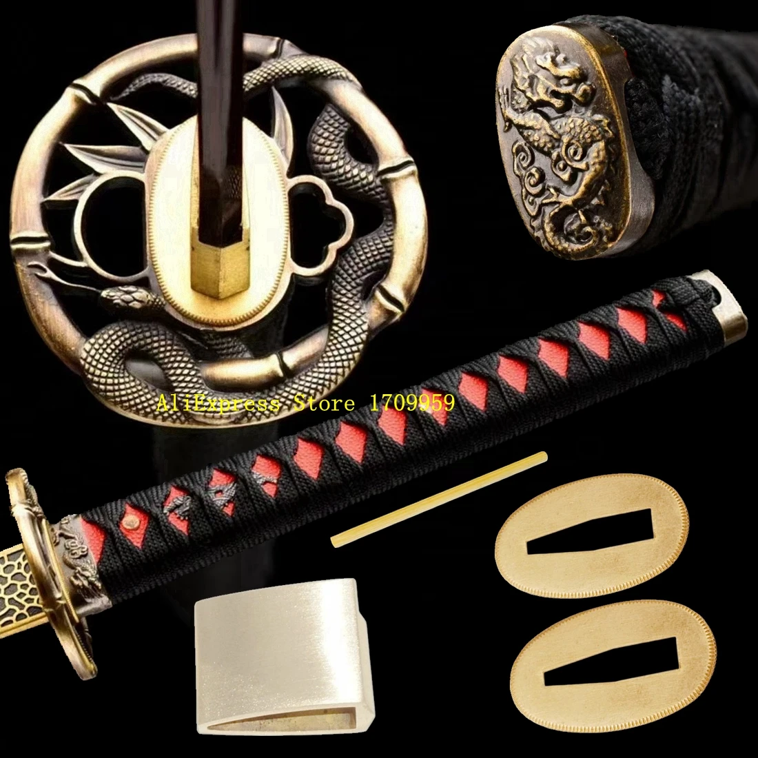 Bambus Schlangenschutz Katana Handschutz Japanisches Samurai Schwert Griff Set Beschläge Legierung Tsuba Menuki Fuchi Kashira Habaki Seppa