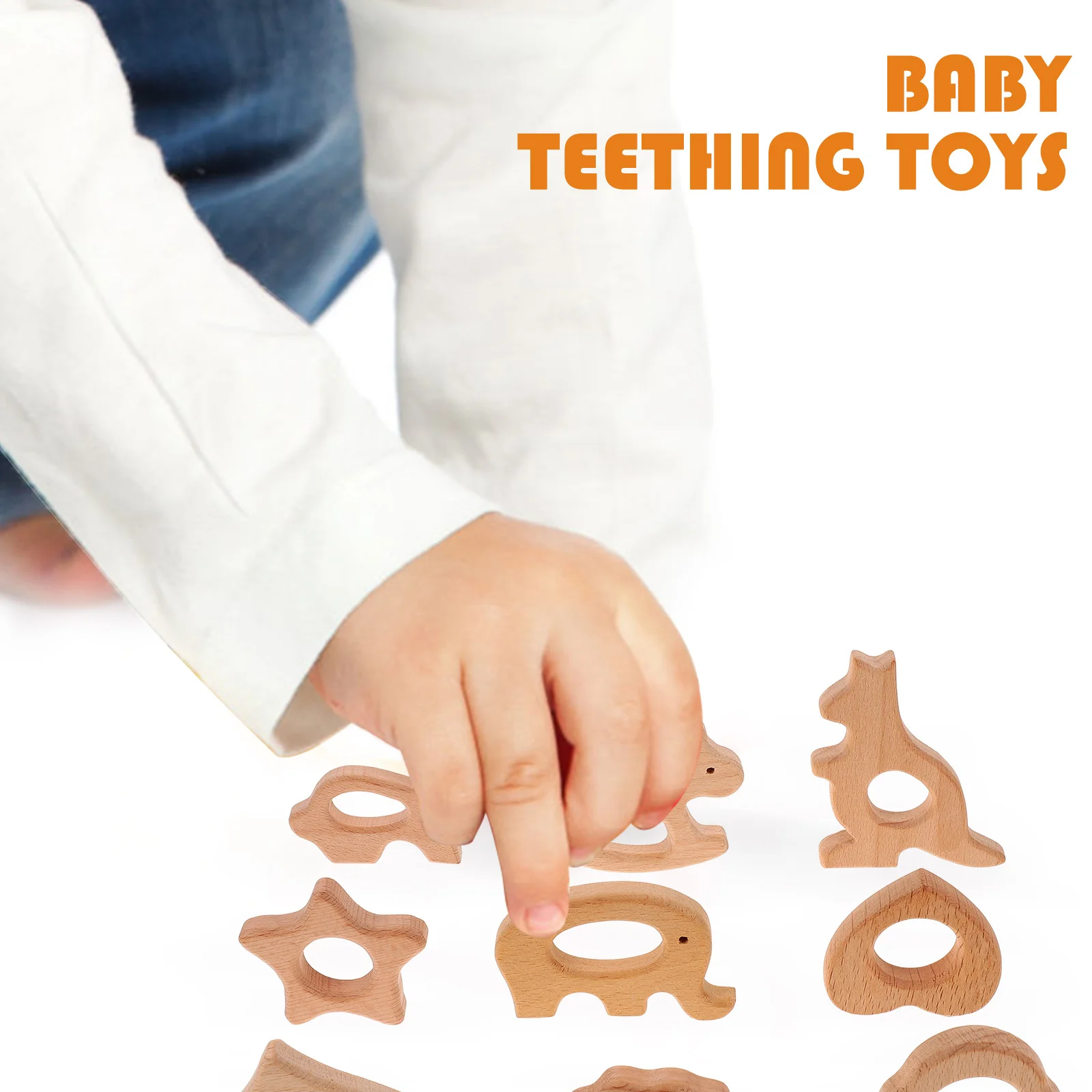 9pcs Wooden Animal Shape Baby Infant Teether Smooth Natural Wood For Sucking Biting Exercise Teethers For Kids