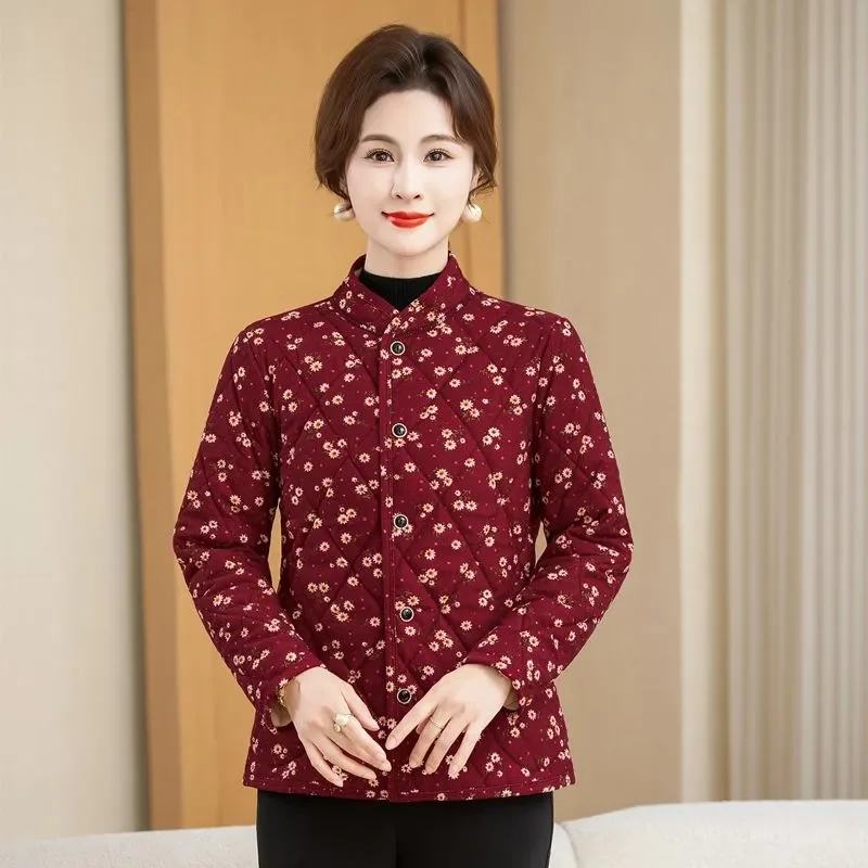 Women Ditsy Floral Diamond Quilted Jacket Middle Aged Stand Collar Button Warm Liner Coat Casual Daily Plus Size