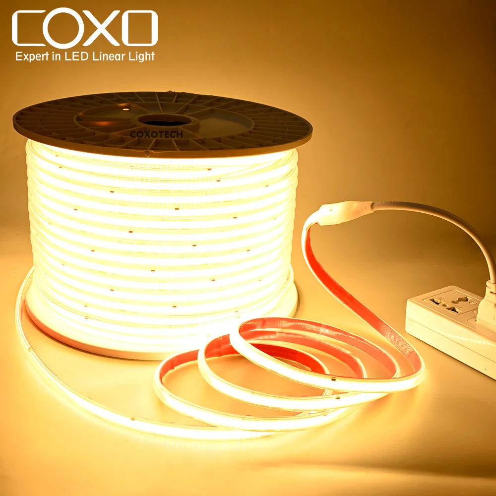 COXO ETL Led Strip 220v 110V Driverless Ip65 Waterproof Dot Free 296led 100m Roll Cob Led Light Strip 220v 100M