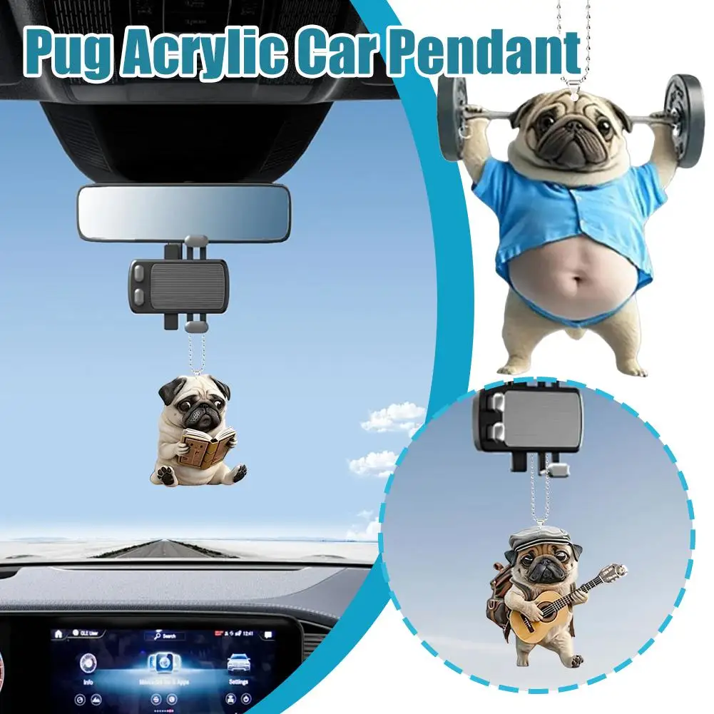 Adorable Pug Acrylic Car Ornaments Keychain Cute Puppy Pendant Versatile Charm For Car Mirror Backpacks Home Festive Gift D Y0P2