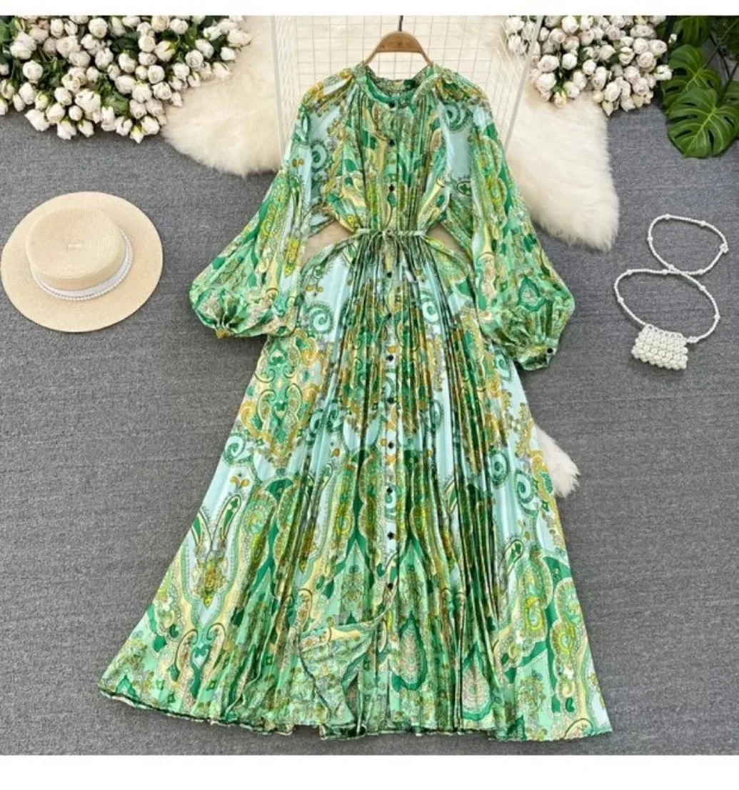 2024 Sweethug High End Elegant Lantern Long Sleeved Round Neck Single Breasted Printed Dress Elegant Long Dress