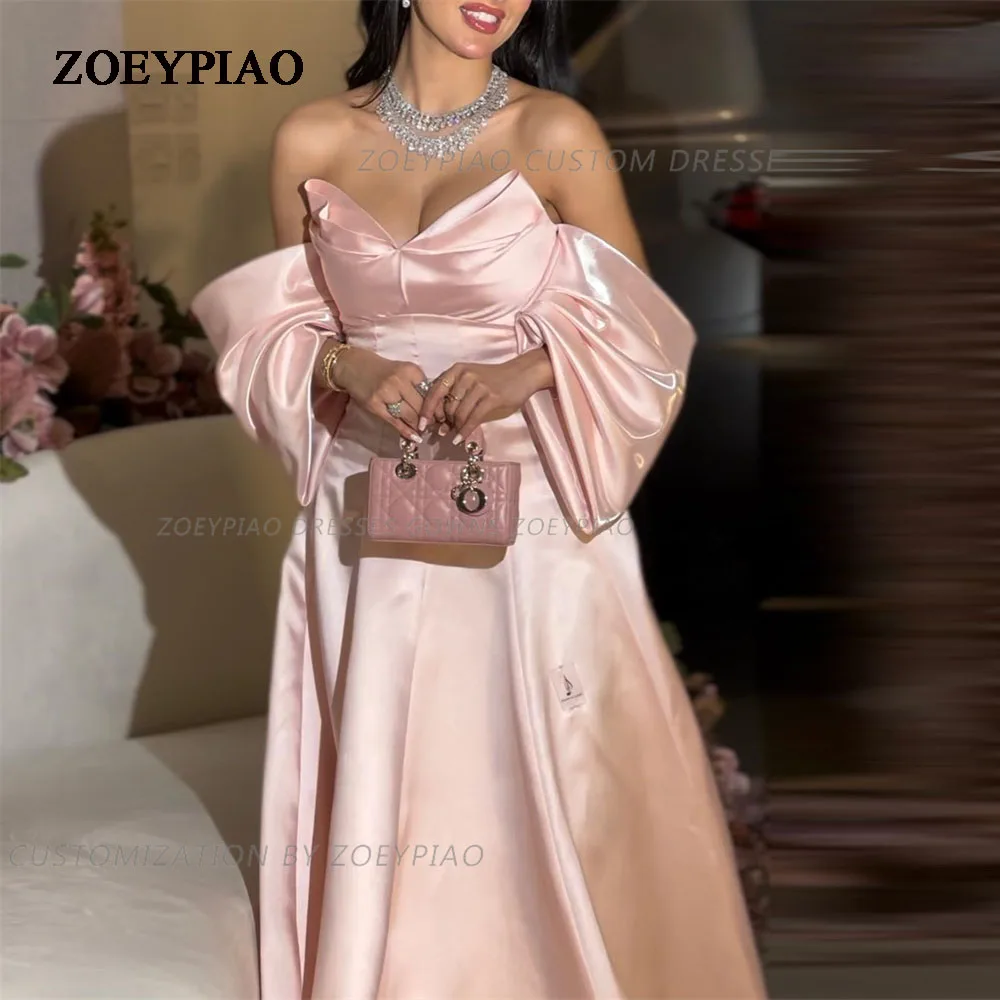 

Pink Short Cape Sleeves Evening Dress Sweetheart فساتين السهرة A Line Satin Prom Dress Floor Length Party Gown for Women